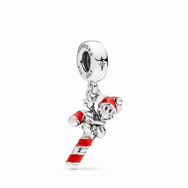 Pandora Disney Santa Mickey’s Candy Cane Dangle Charm Ireland - Sterling Silver/Enamel/Red/Cubic Zir